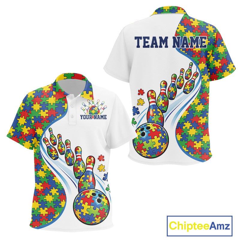 Kid polo shirt mockup front and back displaying vibrant autism bowling strike theme with colorful puzzle accents on white fabric