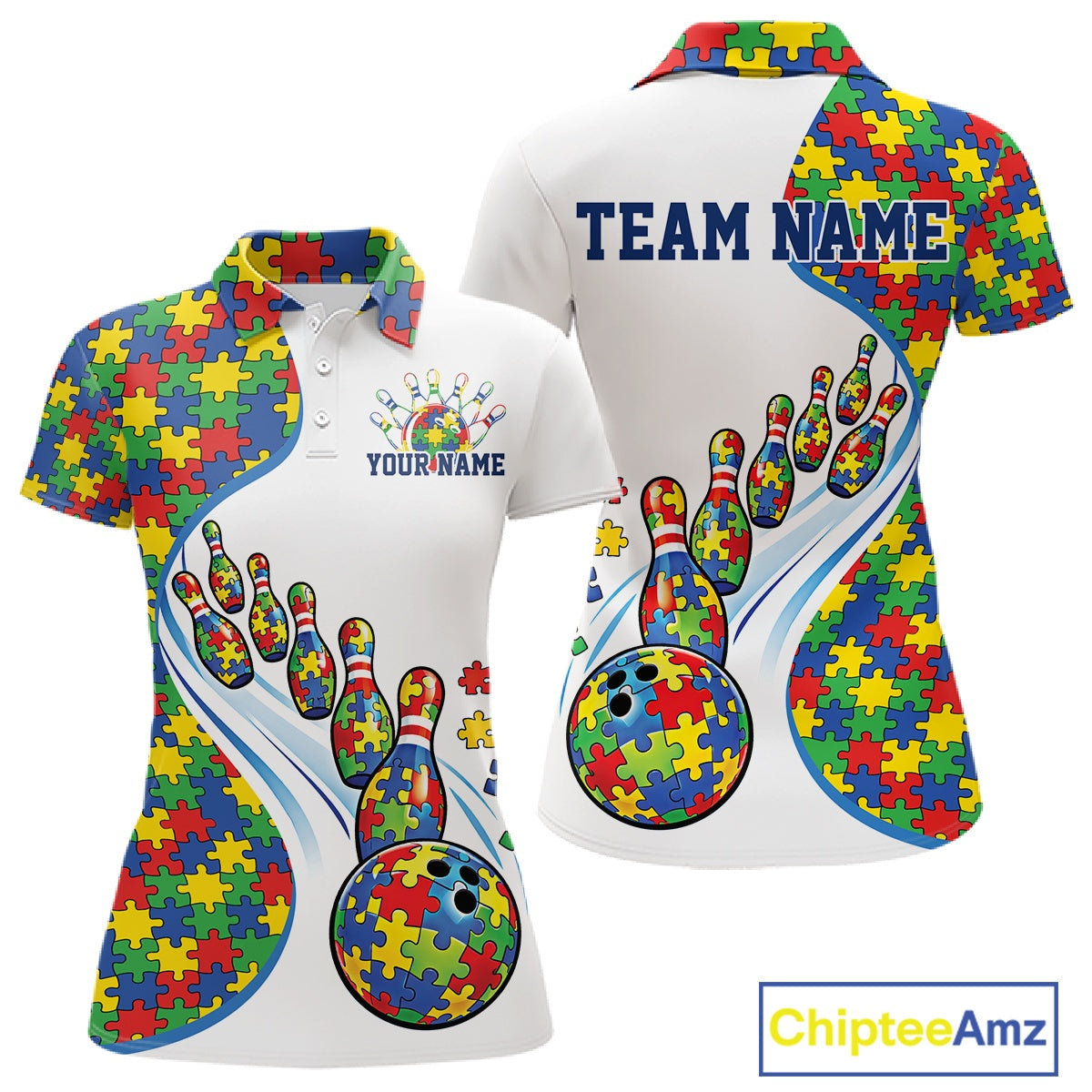 Women’s polo shirt mockup front and back showing colorful autism bowling strike artwork with puzzle elements on white shirt