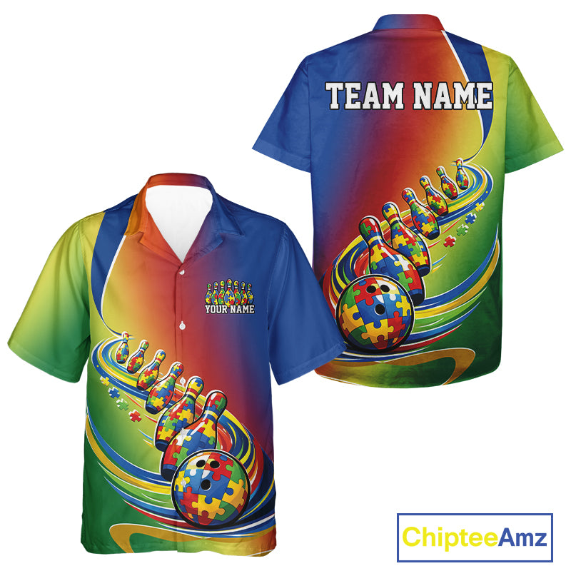 Button-up bowling shirt mockup showcasing colorful shirt with autism puzzle bowling ball rolling into matching pins and trailing pin line illustration