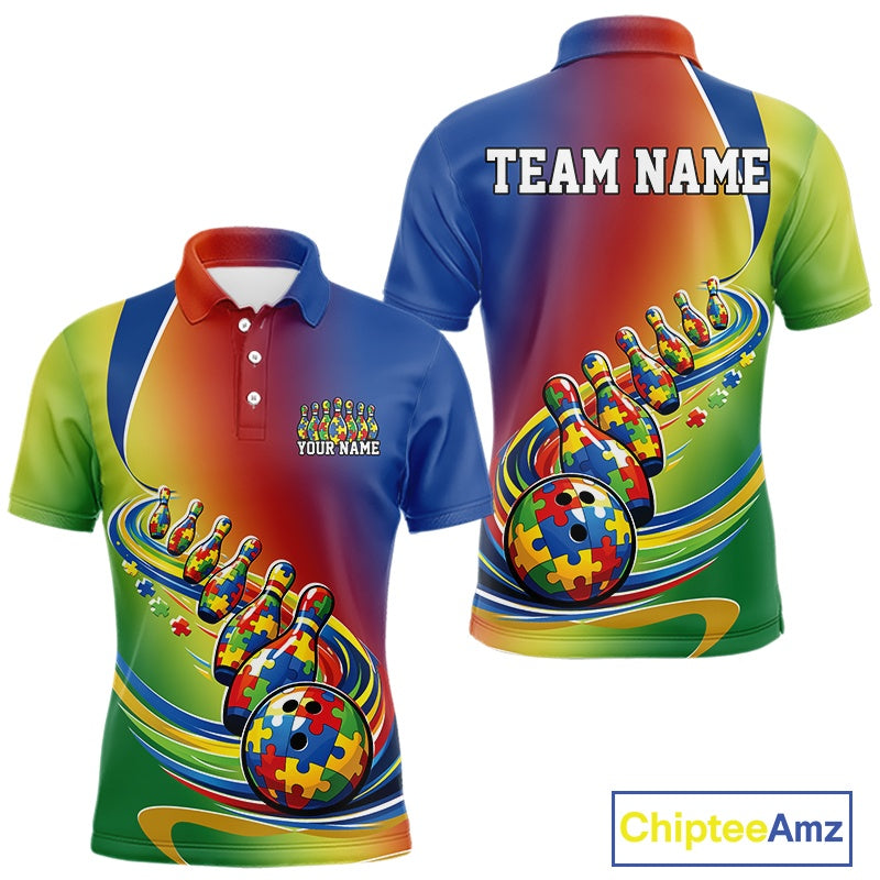 Men’s bowling polo shirt mockup front and back displaying autism puzzle-pattern bowling ball rolling into matching pins with trailing pin effect in colorful design