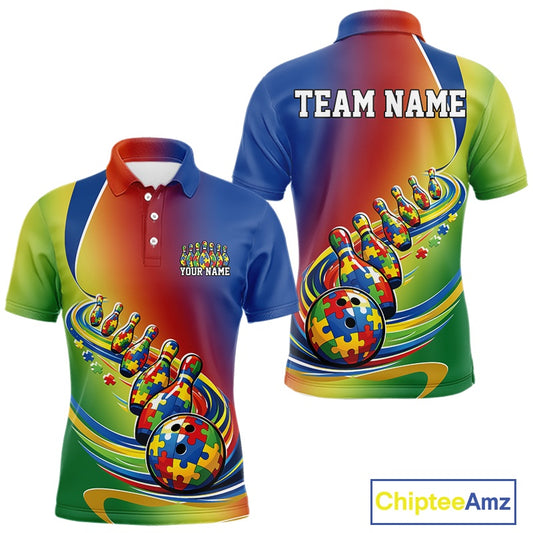 Men’s bowling polo shirt mockup front and back displaying autism puzzle-pattern bowling ball rolling into matching pins with trailing pin effect in colorful design