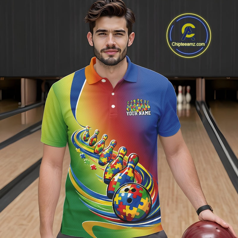 Male model in a bowling lane wearing a colorful polo shirt, front view featuring autism puzzle bowling ball and pins trail artwork
