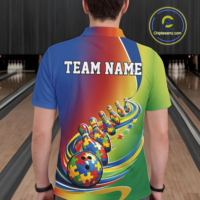 Male model at a bowling lane, back view of colorful polo shirt showcasing autism puzzle-pattern bowling ball and matching pins design