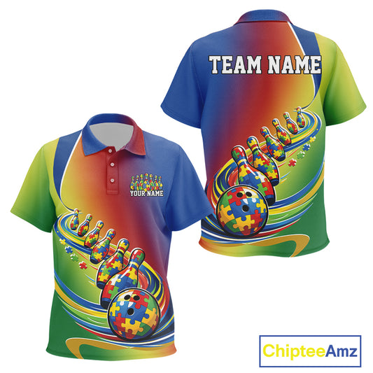 Kid polo shirt mockup front and back displaying autism puzzle-pattern bowling ball with trailing line of matching bowling pins in colorful style