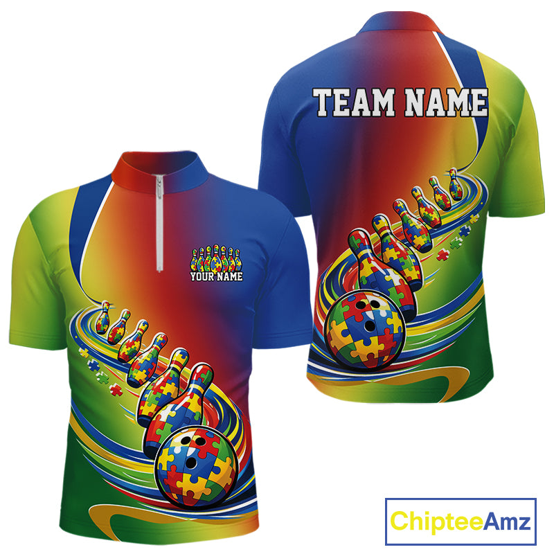 Front and back view of a men’s quarter-zip bowling shirt mockup featuring an autism puzzle-patterned bowling ball with trailing matching bowling pins in colorful design.