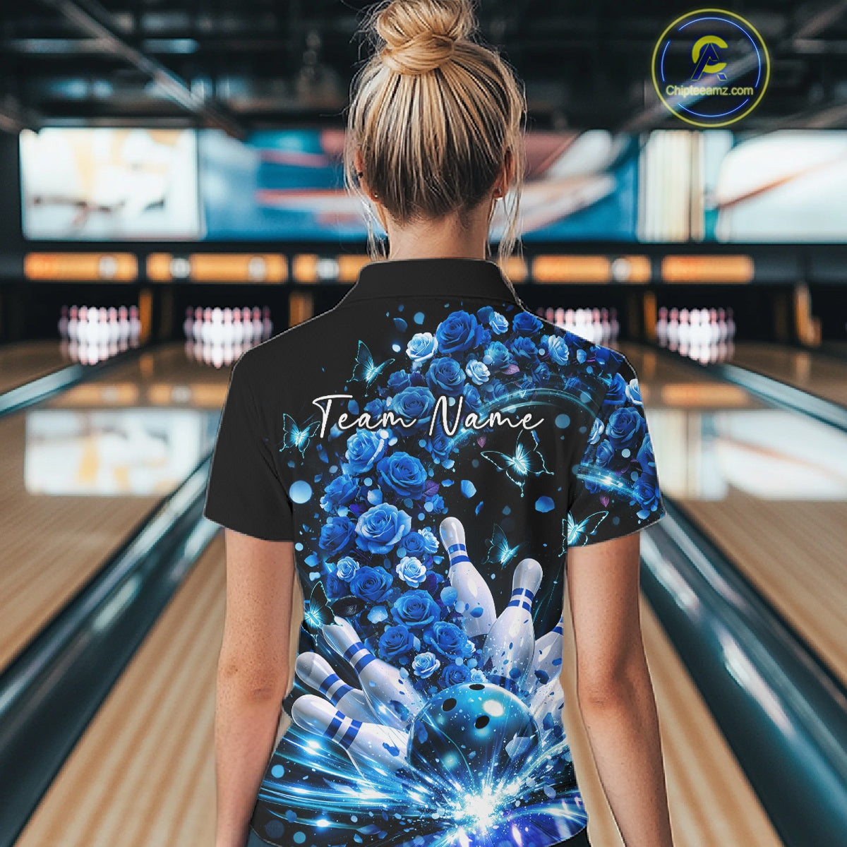 Custom Beautiful Blue Roses And Butterfly Women Bowling Team Shirt, Bowling League Shirt IPHW10889