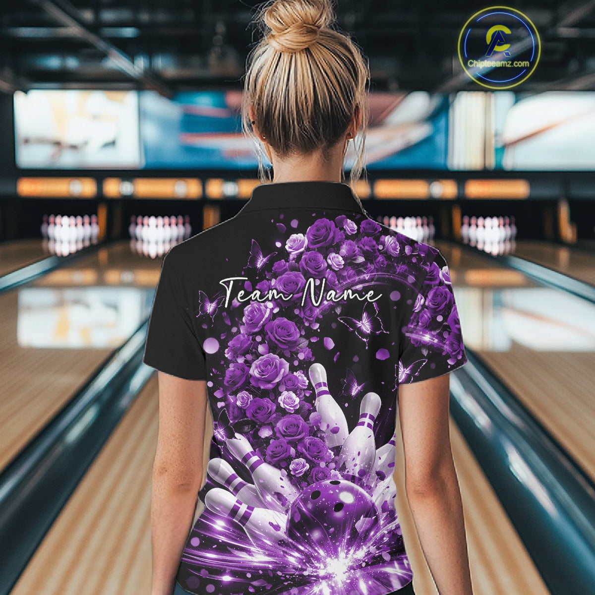 Custom Beautiful Purple Roses And Butterfly Women Bowling Team Shirt, Bowling League Shirt IPHW10890