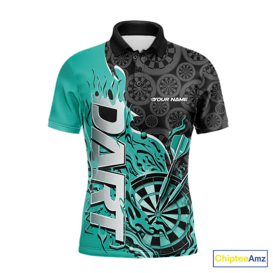 Custom Black And Turquoise Blue Flame Dartboard Dart Jerseys, Dartboard Pattern Darts Tournament Team Shirts IPHW10418