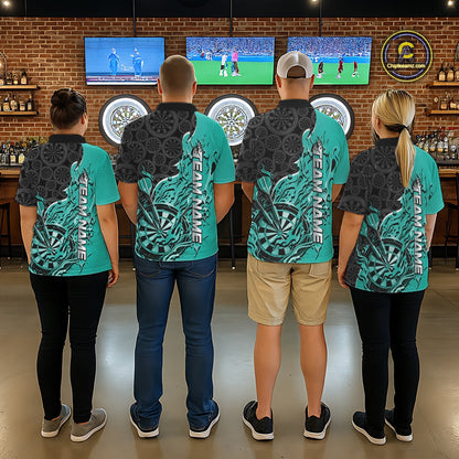 Custom Black And Turquoise Blue Flame Dartboard Dart Jerseys, Dartboard Pattern Darts Tournament Team Shirts IPHW10418