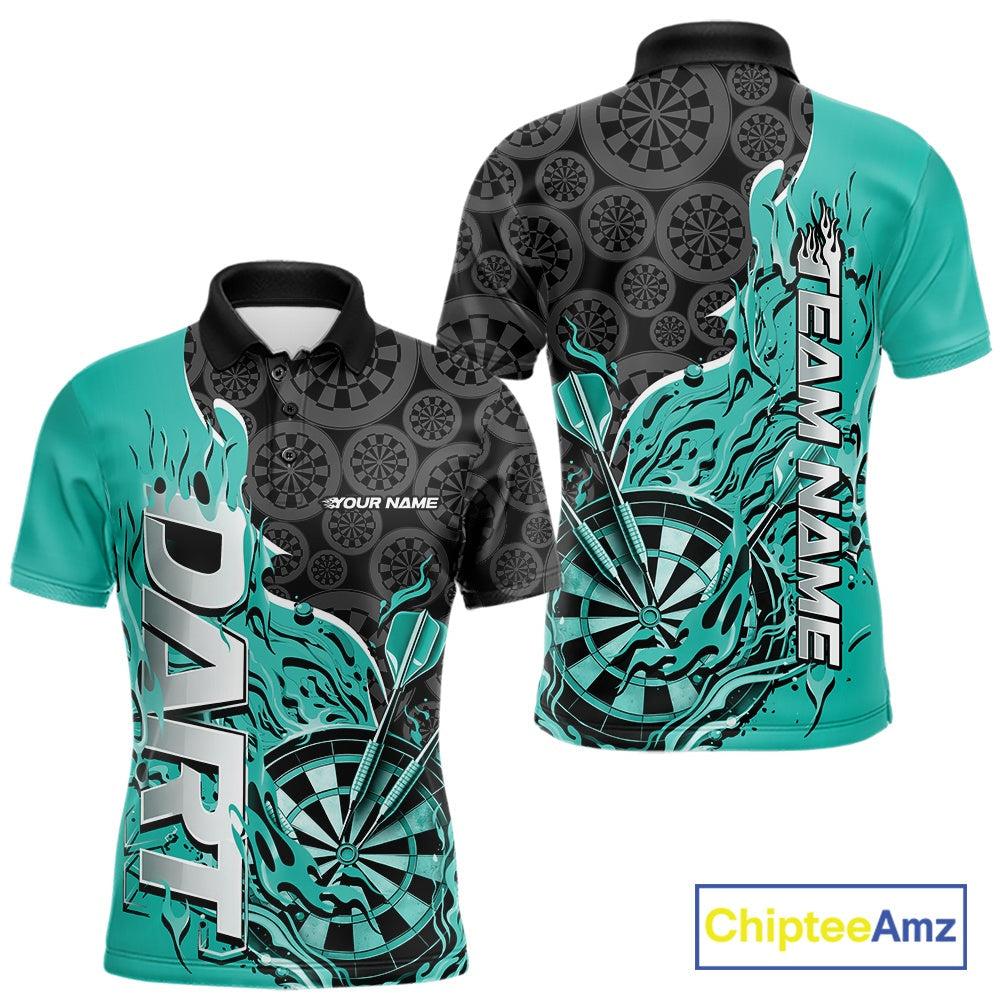 Custom Black And Turquoise Blue Flame Dartboard Dart Jerseys, Dartboard Pattern Darts Tournament Team Shirts IPHW10418