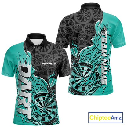 Custom Black And Turquoise Blue Flame Dartboard Dart Jerseys, Dartboard Pattern Darts Tournament Team Shirts IPHW10418
