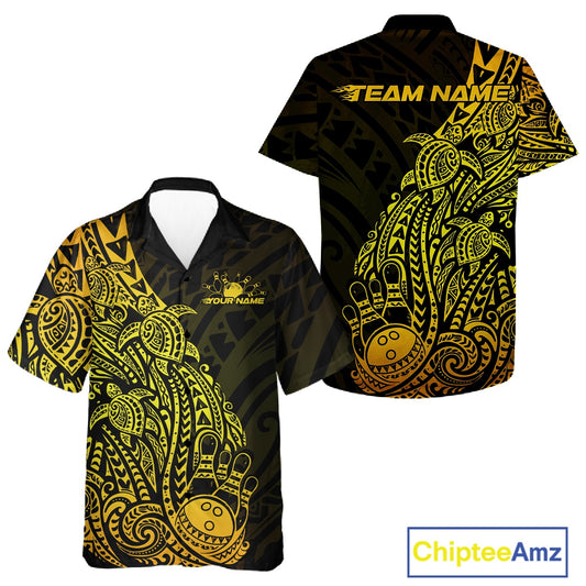 Front and back views of a black and gold button-up bowling shirt featuring bowling ball and pin artwork surrounded by tribal swirls and turtle Polynesian patterns.