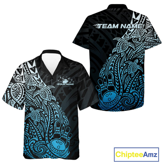 Front and back views of a black and blue button-up bowling shirt featuring bowling ball and pin artwork surrounded by turtle-inspired tribal patterns.
