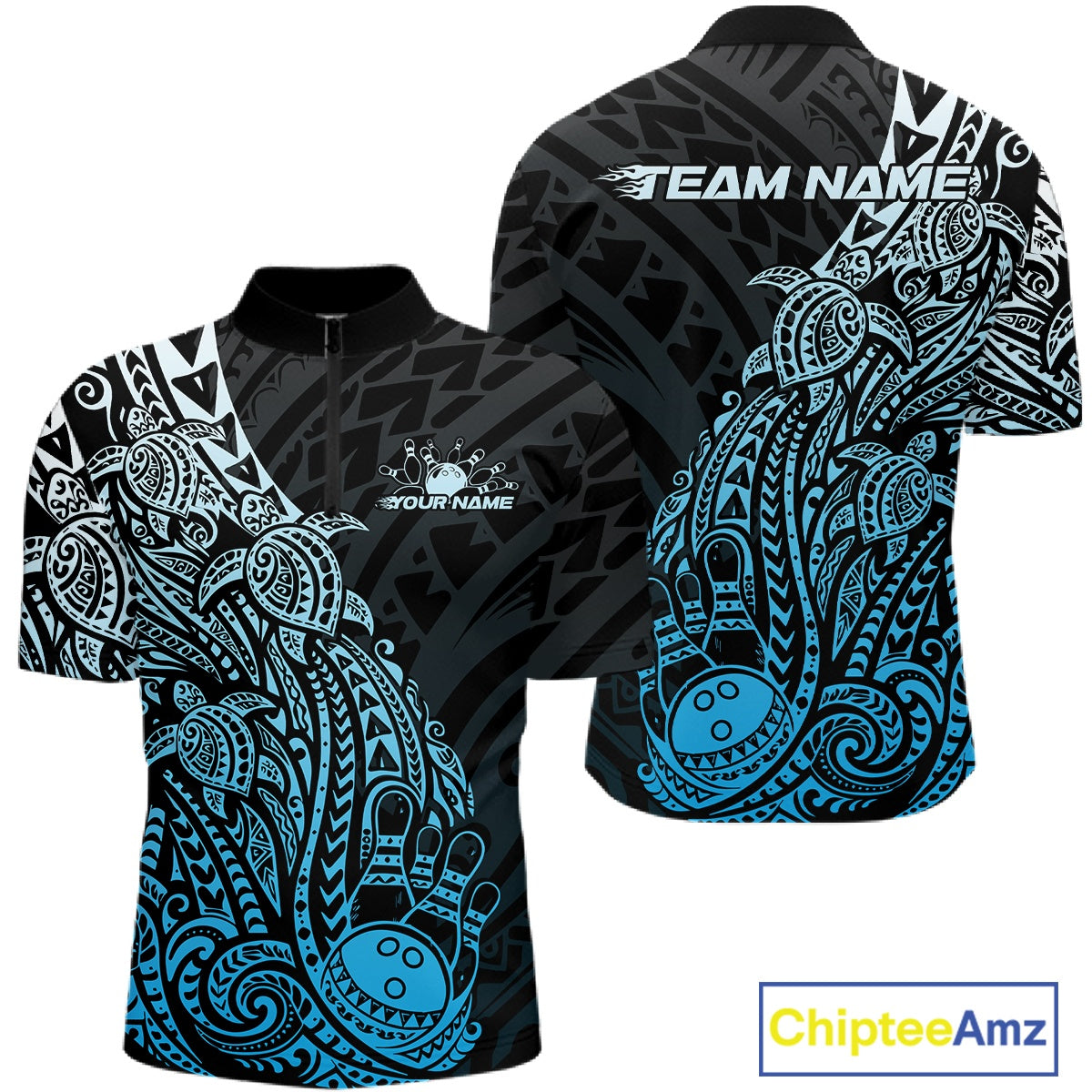 Front and back views of a black and blue mens bowling quarter-zip shirt featuring bowling artwork surrounded by Polynesian tribal swirls.