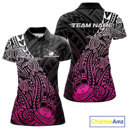 Front and back views of a black and pink womens bowling polo shirt featuring bowling ball and pin graphics framed by tribal swirls and turtle motifs.