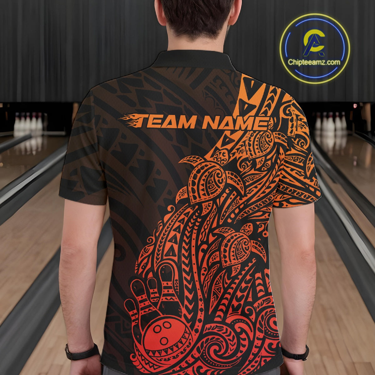 Back view of a male model in a black and red orange bowling polo shirt displaying turtle-themed bowling motifs and swirl accents.