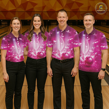 Custom Pink Valentine Bowling Couple Shirts, Pink Heart Theme Bowling Jerseys With His Name And Her Name IPHW10474