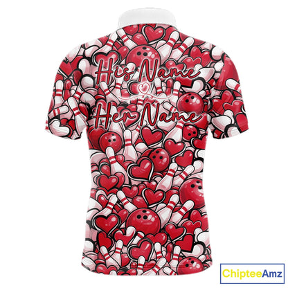 Custom Red Heart Theme Valentine Bowling Couple Shirt, Love Bowling Jerseys With His Name And Her Name IPHW10477