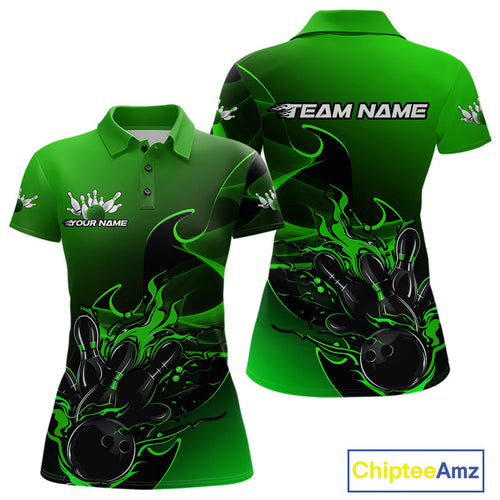 Custom Black And Green Flame Bowling Team Women Polo Shirt, Bowling Tournament Shirt IPHW9870
