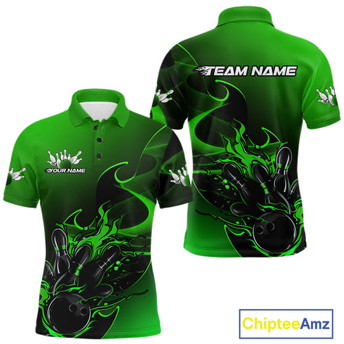 Custom Black And Green Flame Bowling Team Men Polo Shirt, Bowling Tournament Shirt IPHW9870