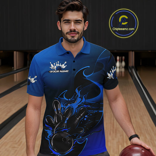 Custom Black And Blue Flame Bowling Team Men Polo Shirt, Bowling Tournament Shirt IPHW9871