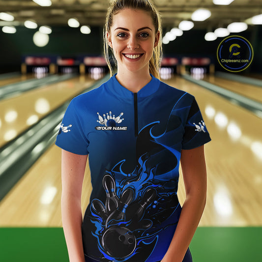 Custom Black And Blue Flame Bowling Women Quarter-Zip Shirt, Bowling Tournament Shirt IPHW9871