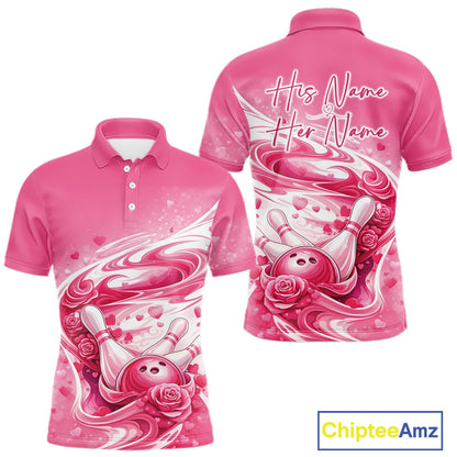 Custom Pink Heart Valentine Bowling Couples Shirt, Heart And Roses Bowling Husband And Wife Gifts With Name IPHW10518