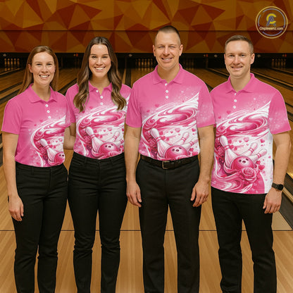 Custom Pink Heart Valentine Bowling Couples Shirt, Heart And Roses Bowling Husband And Wife Gifts With Name IPHW10518