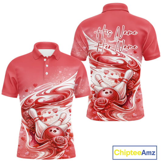 Custom Red Heart Valentine Bowling Couples Shirt, Heart And Roses Bowling Husband And Wife Gifts With Name IPHW10519