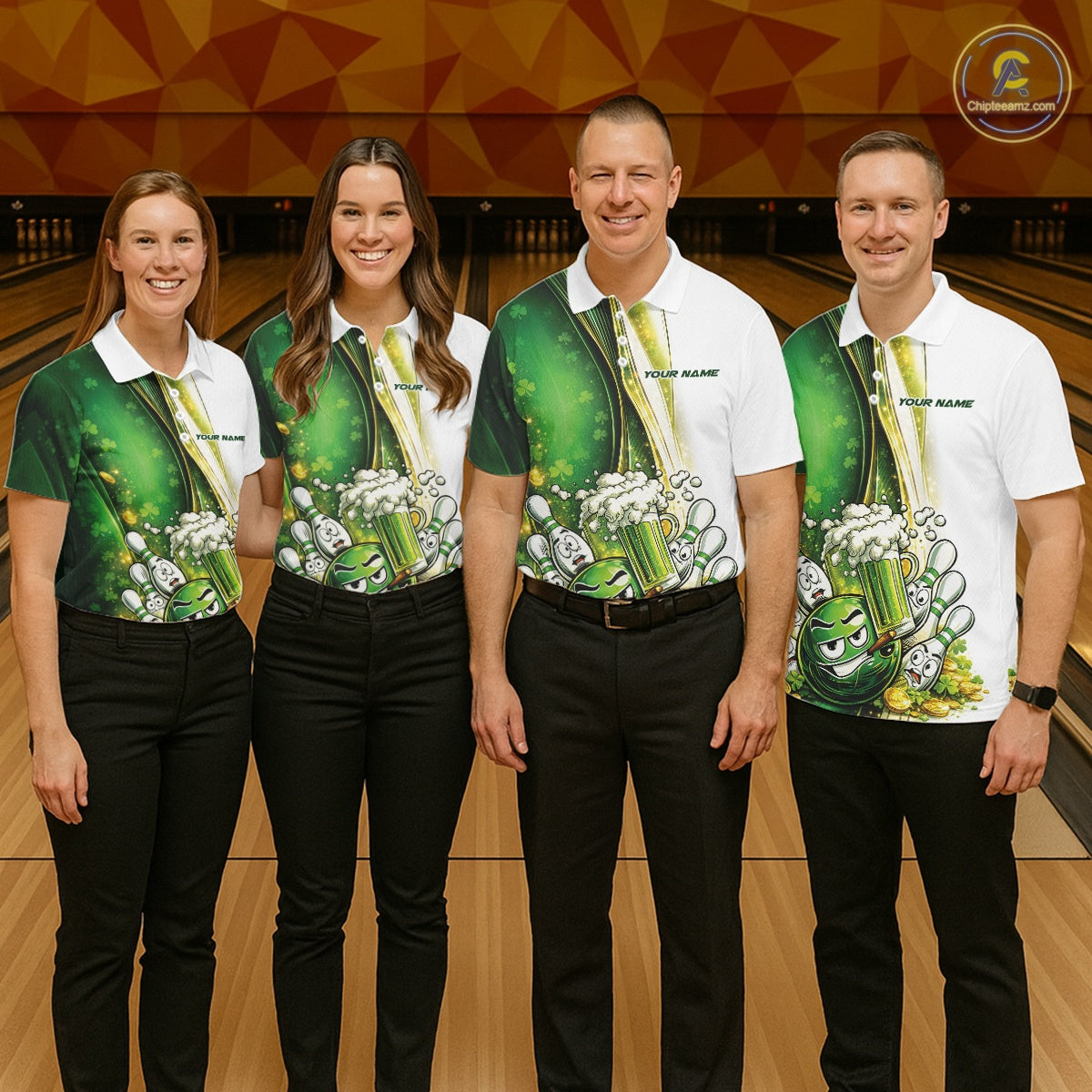 Custom Funny St Patricks Party Beer Bowling Team Shirts, Green Shamrock And Gold Coin Bowling Jerseys IPHW10522