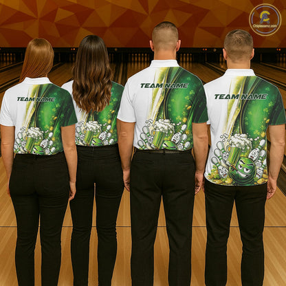 Custom Funny St Patricks Party Beer Bowling Team Shirts, Green Shamrock And Gold Coin Bowling Jerseys IPHW10522