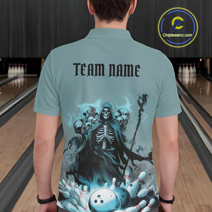 Custom Blue Flame Grim Reaper Bowling Men Polo Shirts, Piles Of Skull Halloween Outfit IPHW9897