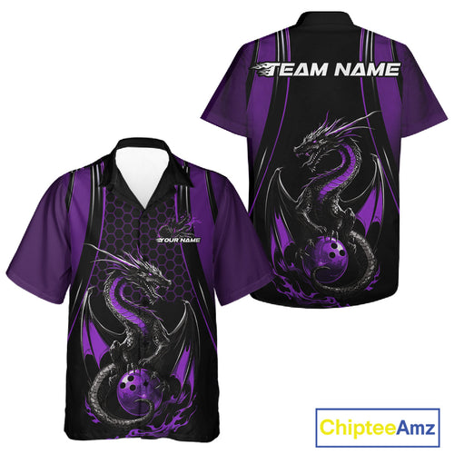 Custom Black And Purple Flame Dragon Bowling Jerseys, Dragon Bowling Team Men And Women Hawaiian Shirt IPHW9907