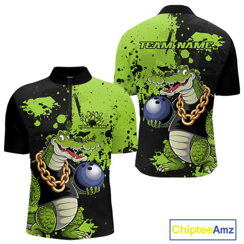 Custom Green Splatter Funny Alligator Bowling Men Quarter-Zip Shirts, Bowling Team Shirts IPHW9921