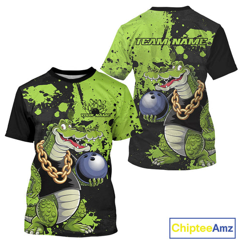 Custom Green Splatter Funny Alligator Bowling Men T-Shirts, Bowling Team IPHW9921
