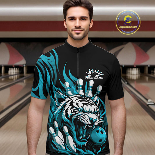 Custom Black And Blue Tiger Men Bowling Jerseys, Tiger Bowling Team League Shirt IPHW10161