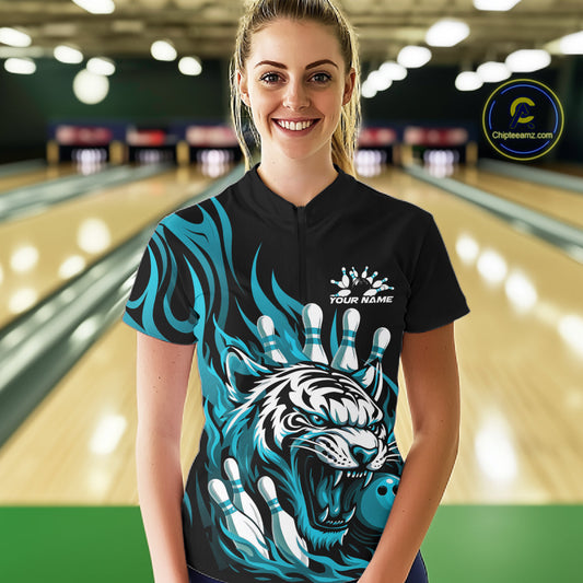 Custom Black And Blue Tiger Women Bowling Jerseys, Tiger Bowling Team League Shirt IPHW10161
