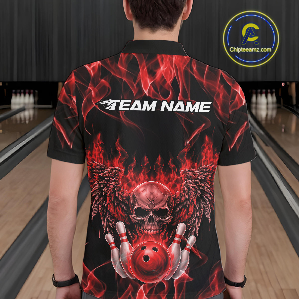 Custom Black And Red Flame Skull With Wings Men Bowling Shirt, Halloween Team Shirt IPHW10165