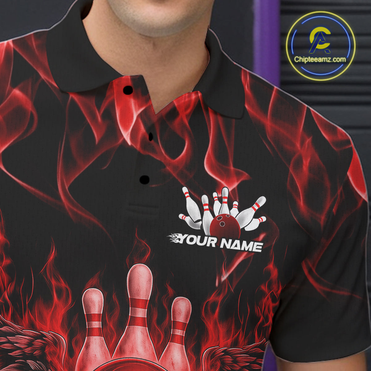 Custom Black And Red Flame Skull With Wings Men Bowling Shirt, Halloween Team Shirt IPHW10165