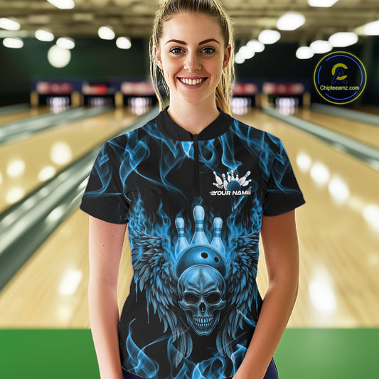 Custom Black And Blue Flame Skull With Wings Women Bowling Shirt, Halloween Team Shirt IPHW10166