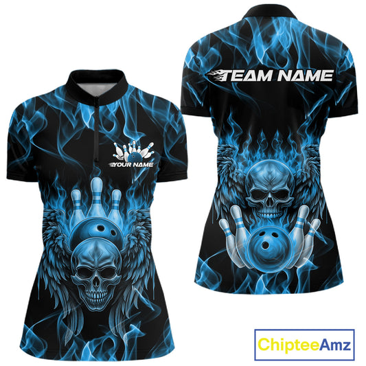 Custom Black And Blue Flame Skull With Wings Women Bowling Shirt, Halloween Team Shirt IPHW10166