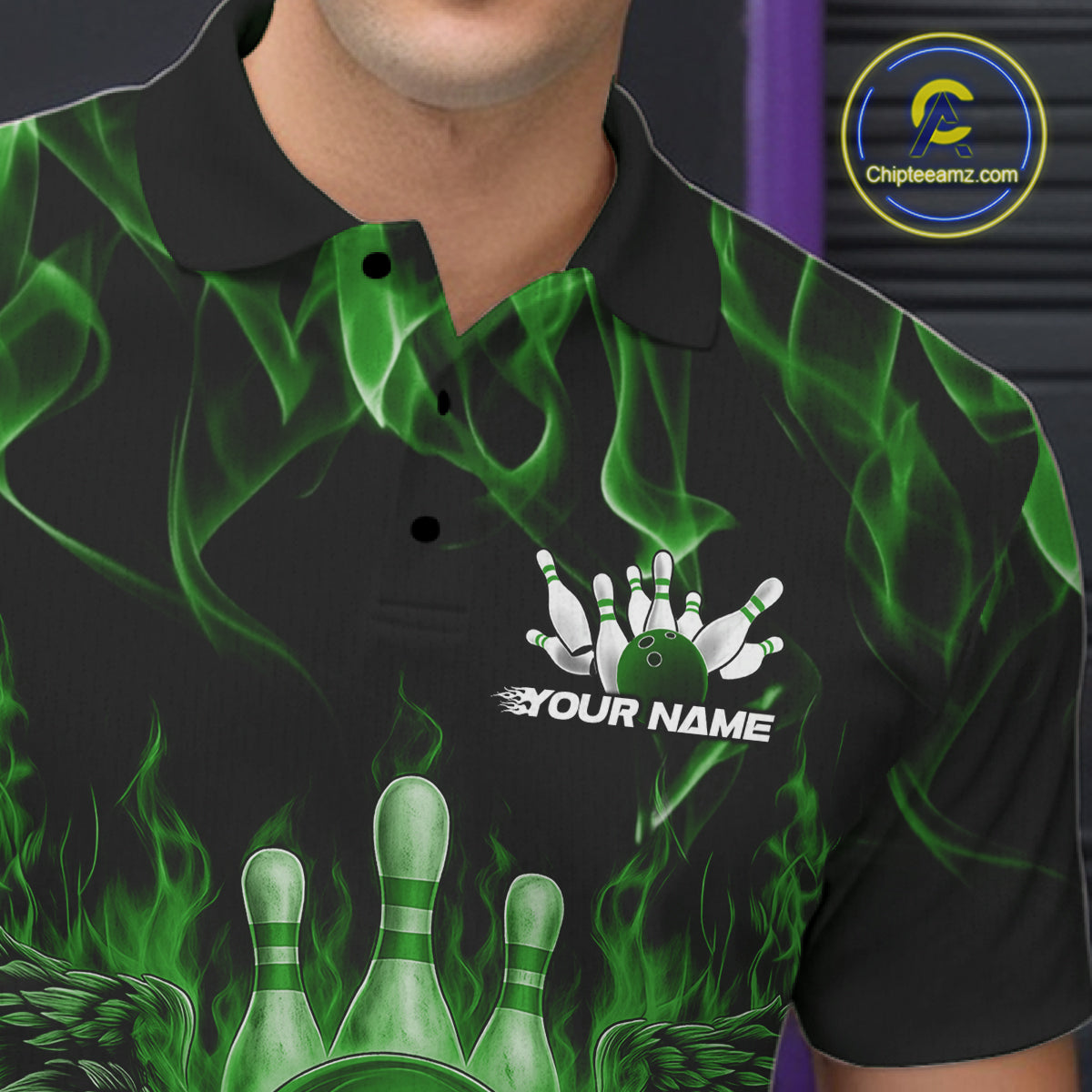 Custom Black And Green Flame Skull With Wings Men Bowling Shirt, Halloween Team Shirt IPHW10167