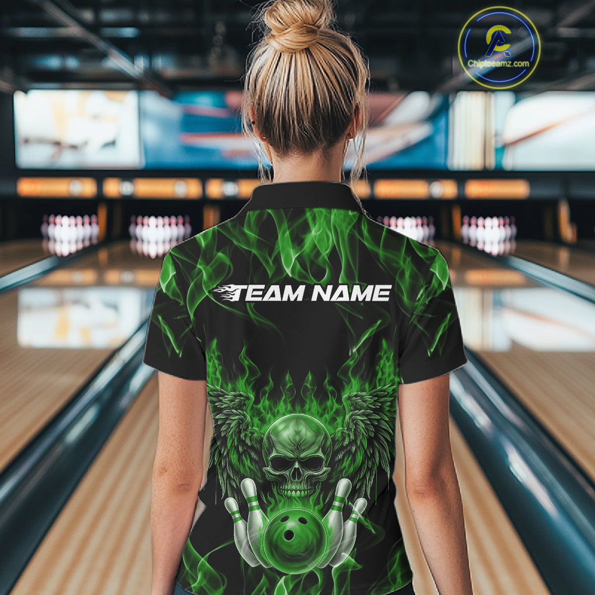 Custom Black And Green Flame Skull With Wings Women Bowling Shirt, Halloween Team Shirt IPHW10167