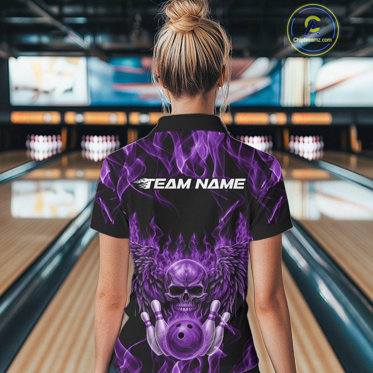 Custom Black And Purple Flame Skull With Wings Women Bowling Shirt, Halloween Team Shirt IPHW10168