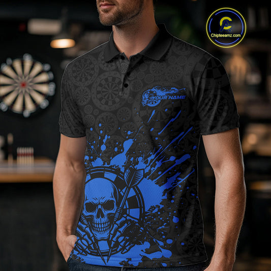 Custom Black And Pink Splatter Dart Skull Men Polo Shirt, Dart Bone Halloween Team Jerseys IPHW9950