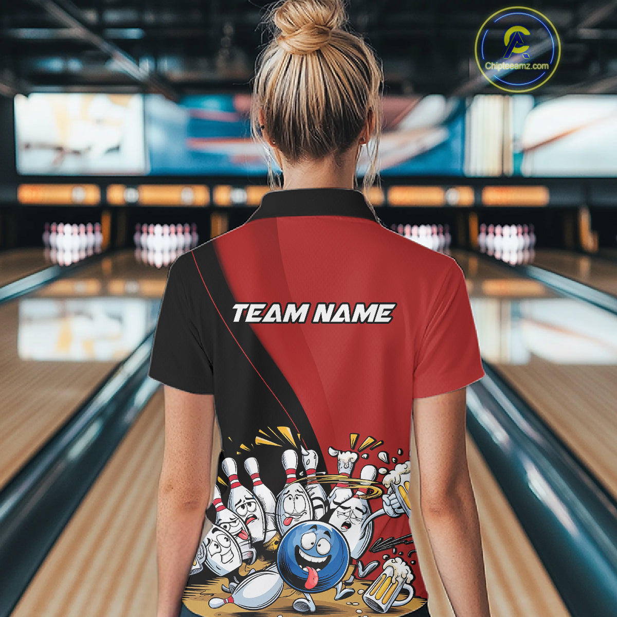Custom Red Funny Bowling Women Polo Shirts, Bowling And Beer Party Bowlers Outfit IPHW10816