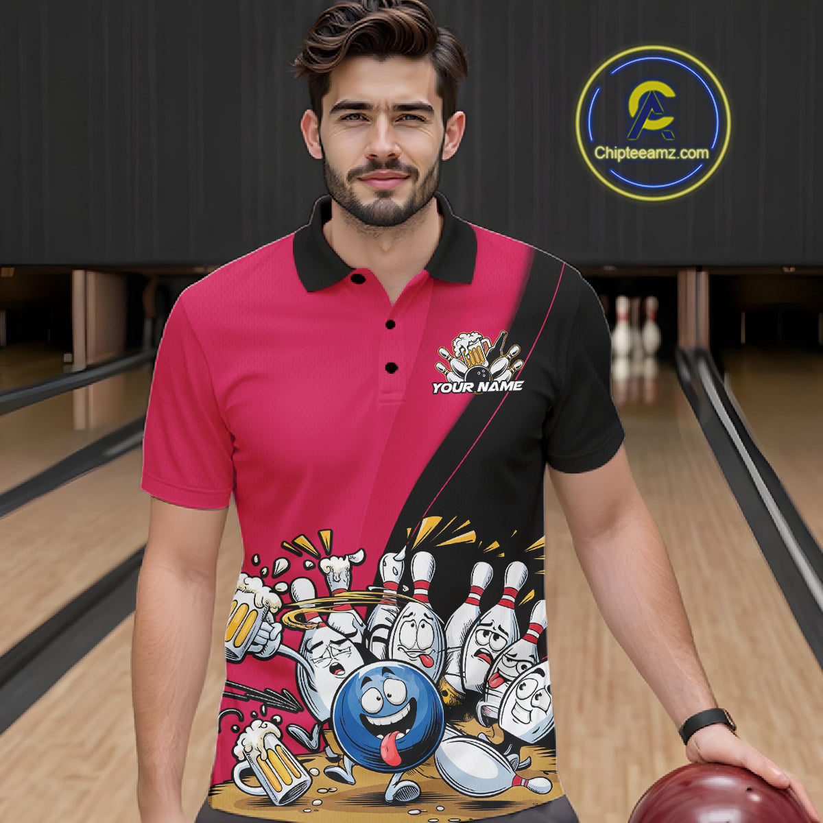 Custom Pink Funny Bowling Men Polo Shirts, Bowling And Beer Party Bowlers Outfit IPHW10817