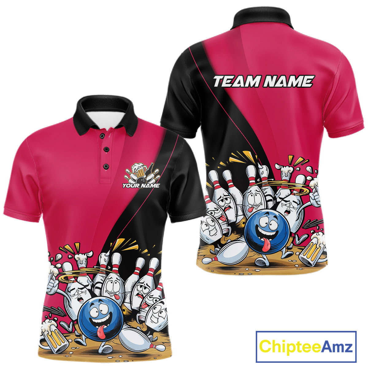 Custom Pink Funny Bowling Men Polo Shirts, Bowling And Beer Party Bowlers Outfit IPHW10817