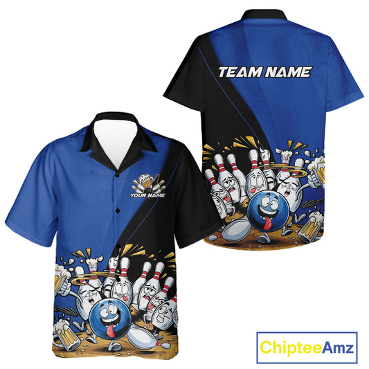 Custom Blue Funny Bowling Men And Women Hawaiian Shirts, Bowling And Beer Party Bowlers Outfit IPHW10818