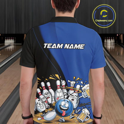 Custom Blue Funny Bowling Men Polo Shirts, Bowling And Beer Party Bowlers Outfit IPHW10818